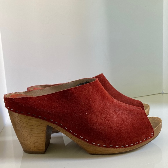 KDB Red Suede Peep Toe Wooden Heel Clog Shoe Women’s Size 8.5 Made in Brazil - Picture 1 of 8